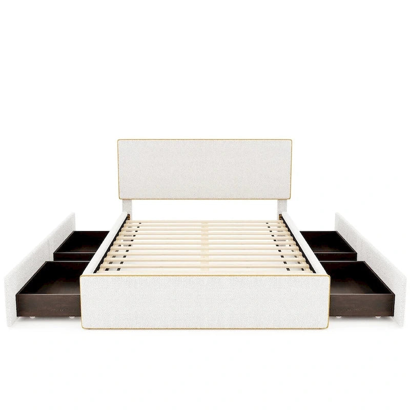 Full Size Fleece Upholstered Platform Bed with 4 Drawers and Golden Edge on the Headboard & Footboard