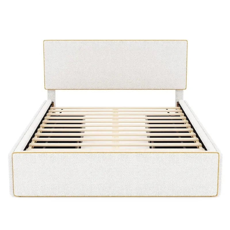Full Size Fleece Upholstered Platform Bed with 4 Drawers and Golden Edge on the Headboard & Footboard