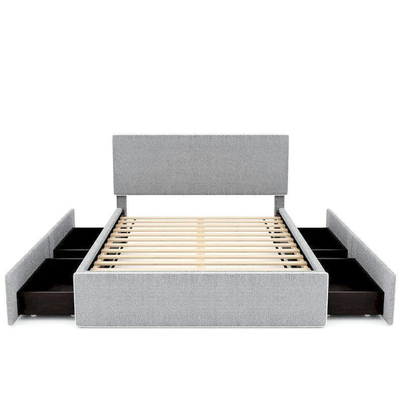 Full Size Fleece Upholstered Platform Bed with 4 Drawers and Golden Edge on the Headboard & Footboard