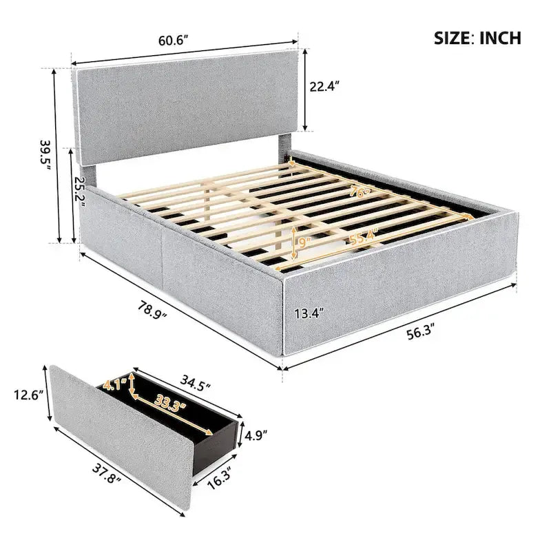 Full Size Fleece Upholstered Platform Bed with 4 Drawers and Golden Edge on the Headboard & Footboard