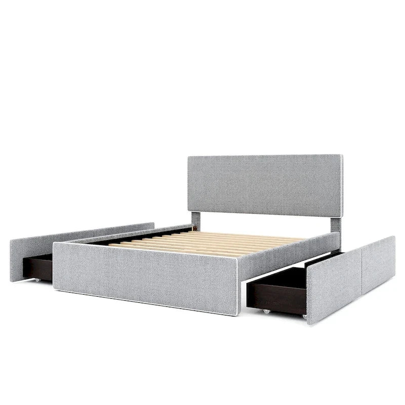 Full Size Fleece Upholstered Platform Bed with 4 Drawers and Golden Edge on the Headboard & Footboard