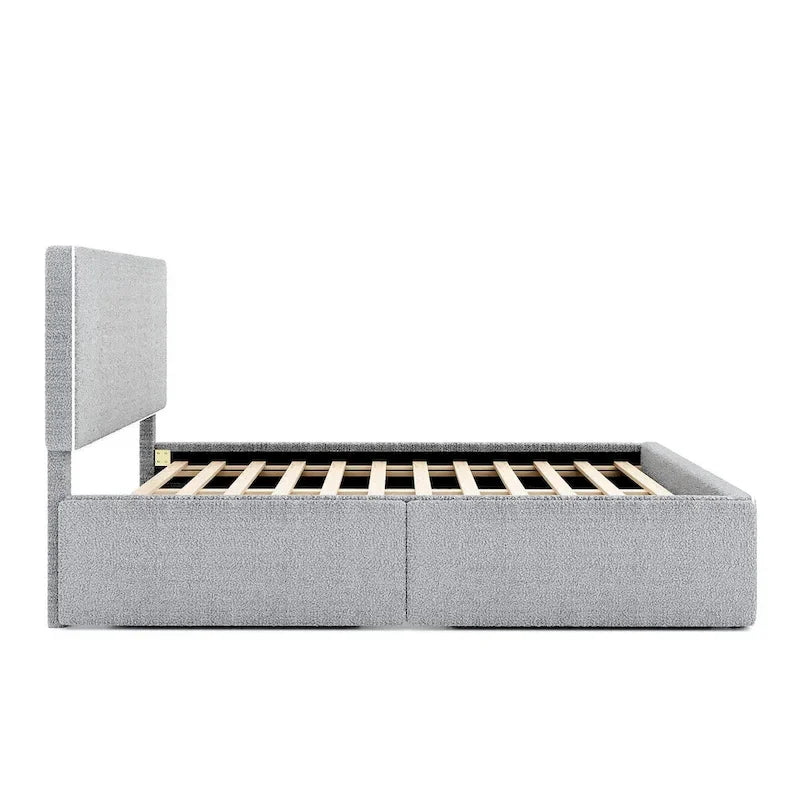 Full Size Fleece Upholstered Platform Bed with 4 Drawers and Golden Edge on the Headboard & Footboard