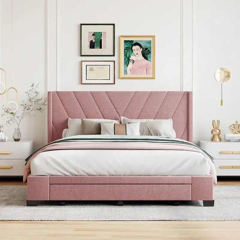 CUSchoice Queen Size Linen Upholstered Platform Bed with 3 Drawers and Storage