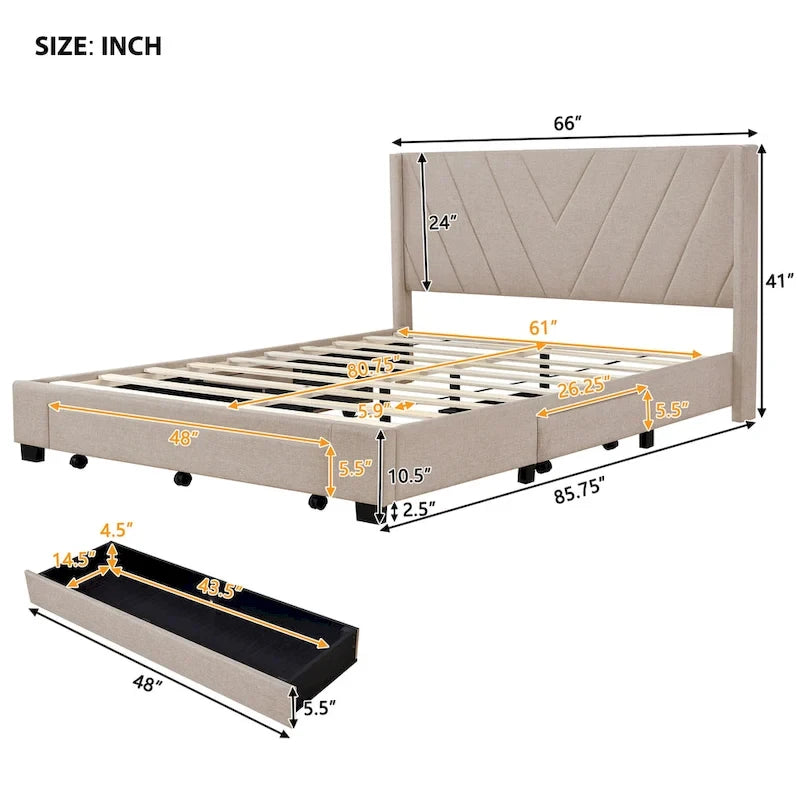 CUSchoice Queen Size Linen Upholstered Platform Bed with 3 Drawers and Storage