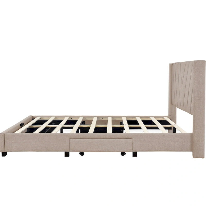 CUSchoice Queen Size Linen Upholstered Platform Bed with 3 Drawers and Storage