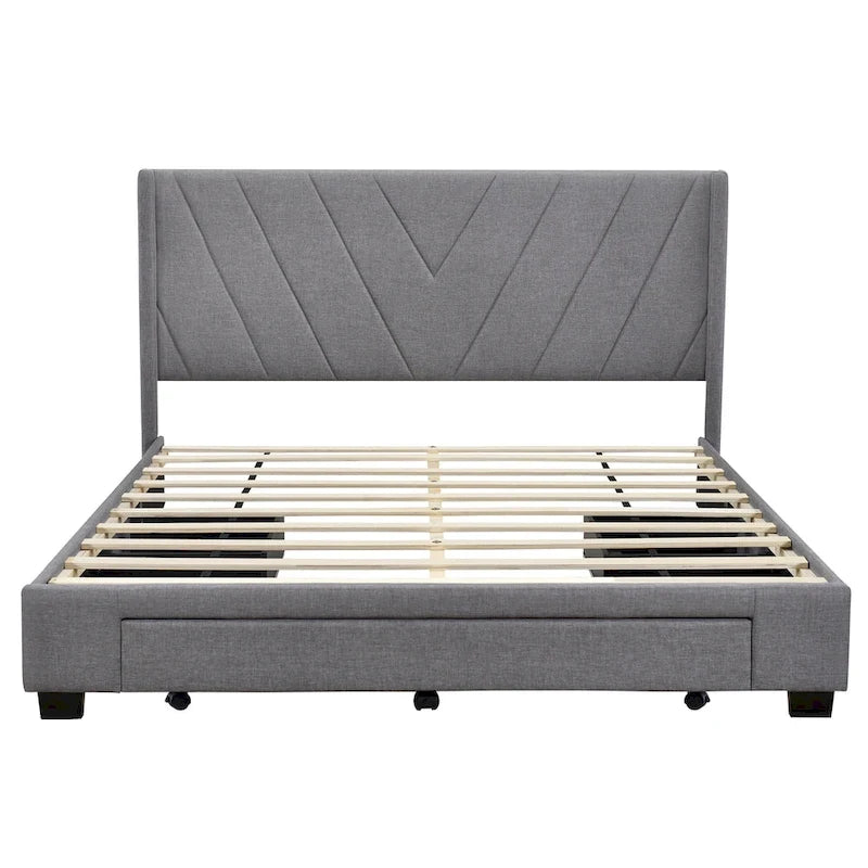 CUSchoice Queen Size Linen Upholstered Platform Bed with 3 Drawers and Storage