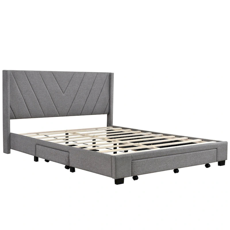 CUSchoice Queen Size Linen Upholstered Platform Bed with 3 Drawers and Storage