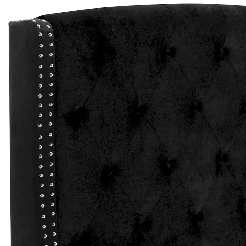 Elle King Size Bed, Low Profile, Button Tufted Upholstered Headboard, Black
