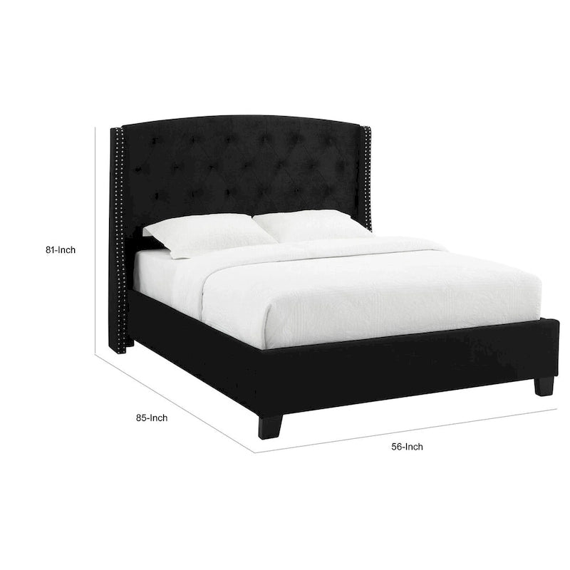 Elle King Size Bed, Low Profile, Button Tufted Upholstered Headboard, Black