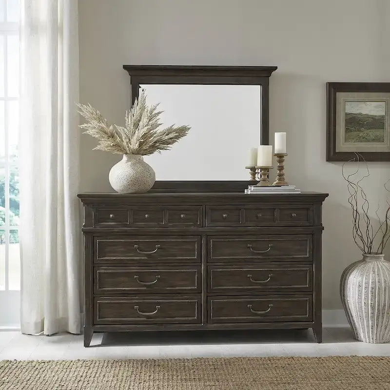 Paradise Valley Saddle Brown Panel Bed, Dresser and Mirror Set