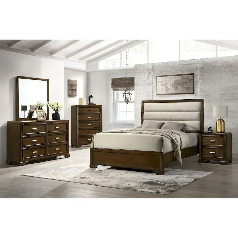 Jimmy 4 Piece Brown Beige Upholstered Panel Bedroom Set