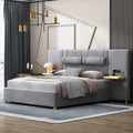 Queen Size Velvet Upholstered Platform Bed,Two Outlets and USB Charging Ports on Both Sides,Two Bedside Pillows,Storage Shelves