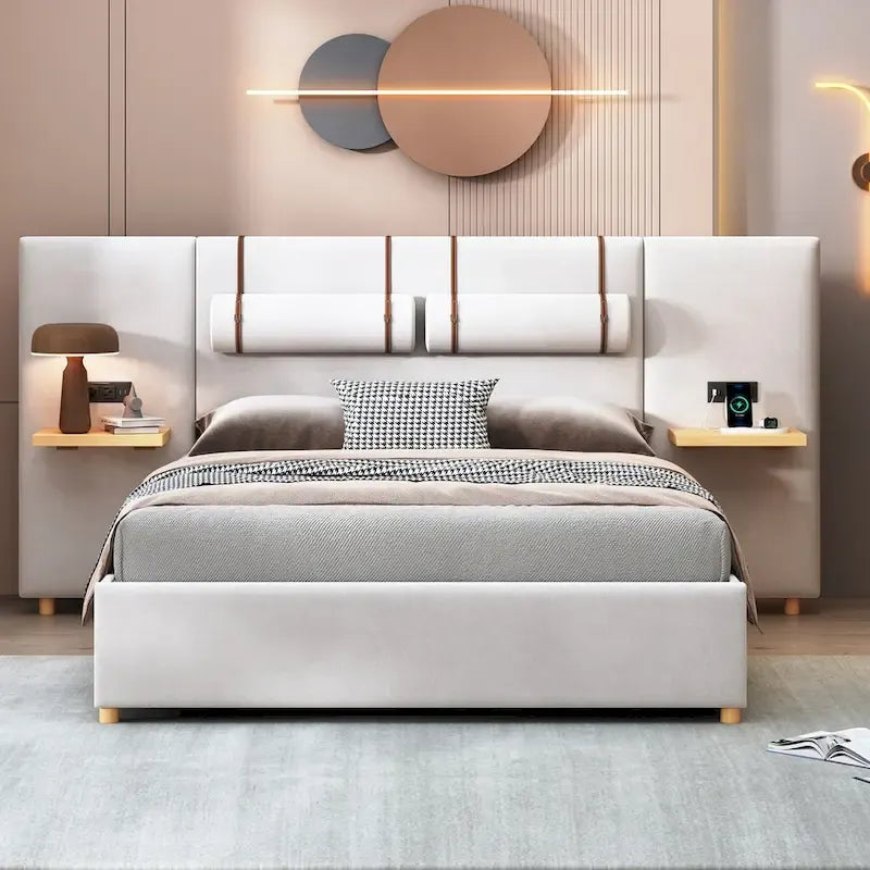 Queen Size Velvet Upholstered Platform Bed,Two Outlets and USB Charging Ports on Both Sides,Two Bedside Pillows,Storage Shelves