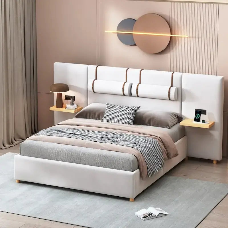 Queen Size Velvet Upholstered Platform Bed,Two Outlets and USB Charging Ports on Both Sides,Two Bedside Pillows,Storage Shelves