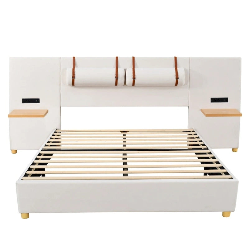 Queen Size Velvet Upholstered Platform Bed,Two Outlets and USB Charging Ports on Both Sides,Two Bedside Pillows,Storage Shelves