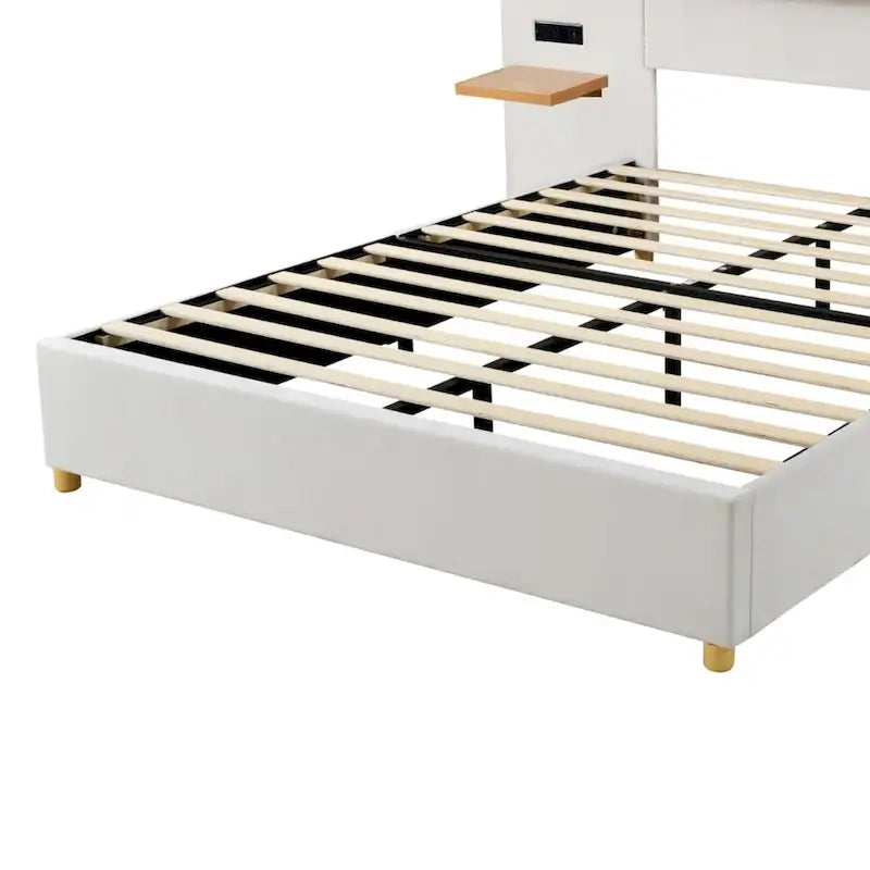 Queen Size Velvet Upholstered Platform Bed,Two Outlets and USB Charging Ports on Both Sides,Two Bedside Pillows,Storage Shelves