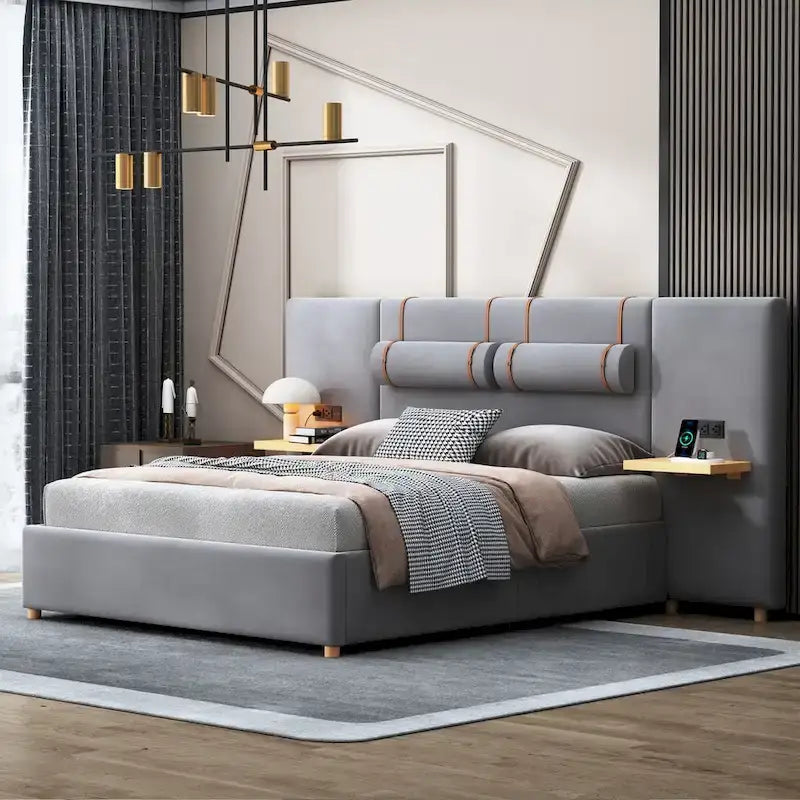 Queen Size Velvet Upholstered Platform Bed,Two Outlets and USB Charging Ports on Both Sides,Two Bedside Pillows,Storage Shelves