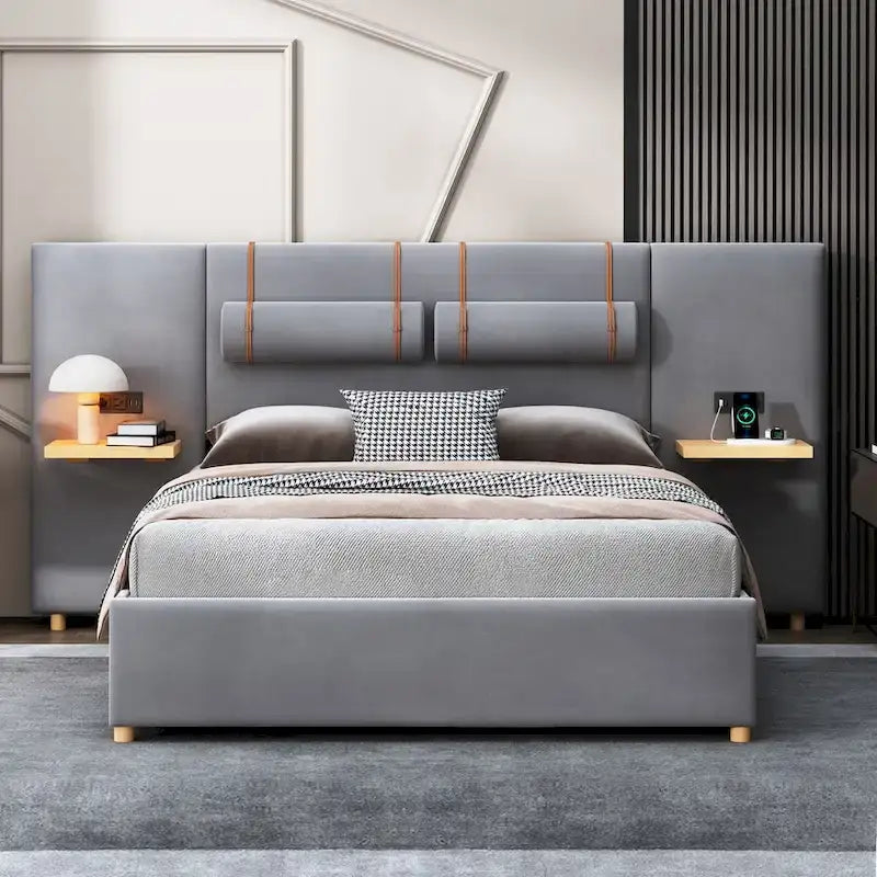 Queen Size Velvet Upholstered Platform Bed,Two Outlets and USB Charging Ports on Both Sides,Two Bedside Pillows,Storage Shelves