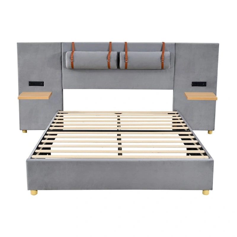 Queen Size Velvet Upholstered Platform Bed,Two Outlets and USB Charging Ports on Both Sides,Two Bedside Pillows,Storage Shelves