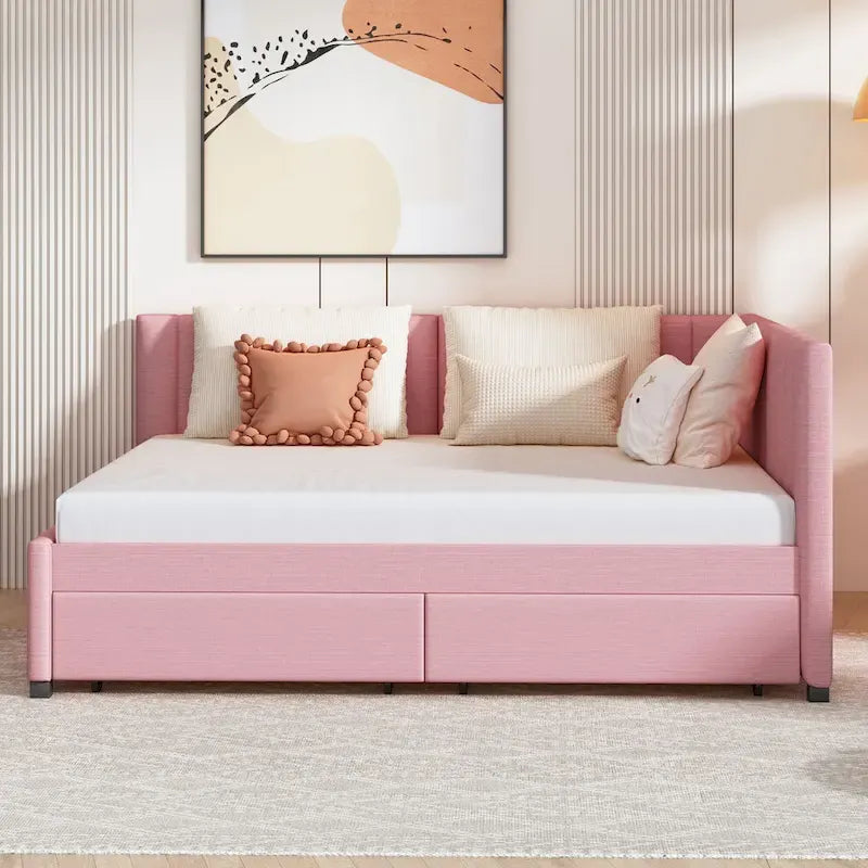 Full Size Upholstered Daybed with 2 Storage Drawers Sofa Bed Frame No Box Spring Needed