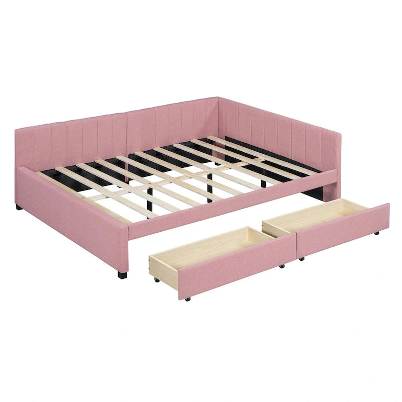 Full Size Upholstered Daybed with 2 Storage Drawers Sofa Bed Frame No Box Spring Needed
