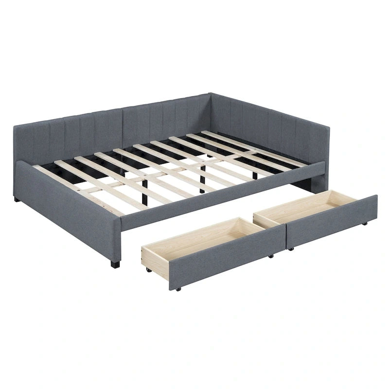 Full Size Upholstered Daybed with 2 Storage Drawers Sofa Bed Frame No Box Spring Needed