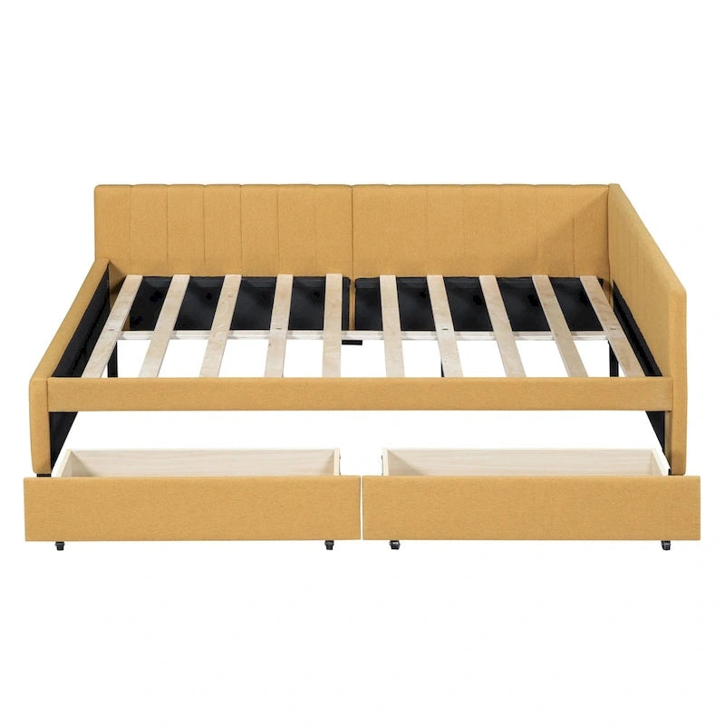 Full Size Upholstered Daybed with 2 Storage Drawers Sofa Bed Frame No Box Spring Needed