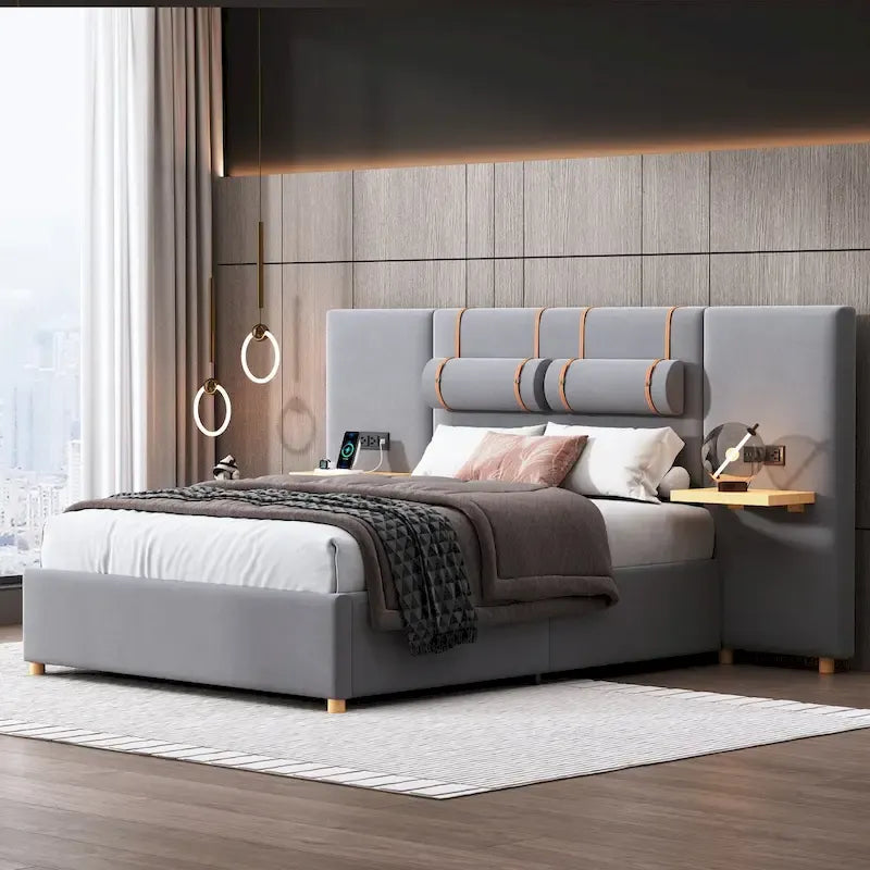 Full Size Velvet Upholstered Platform Bed,Two Outlets and USB Charging Ports on Both Sides,Two Bedside Pillows,Storage Shelves