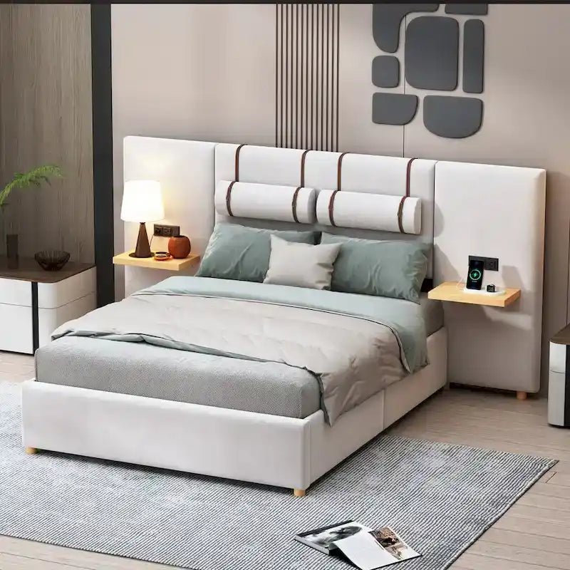 Full Size Velvet Upholstered Platform Bed,Two Outlets and USB Charging Ports on Both Sides,Two Bedside Pillows,Storage Shelves
