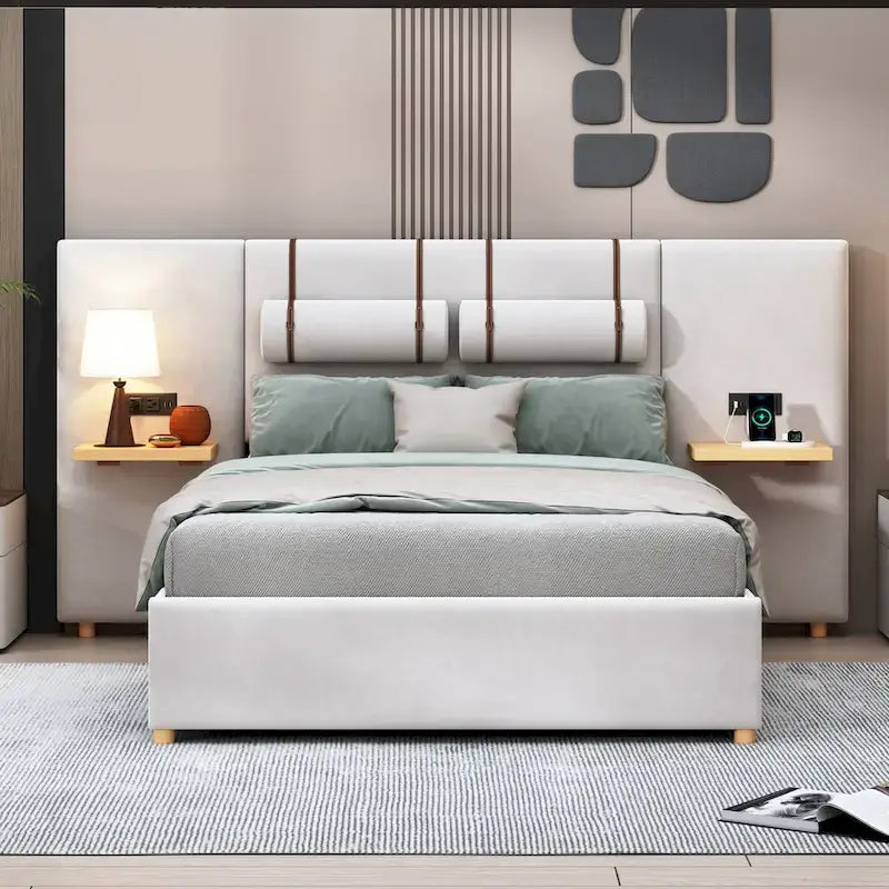 Full Size Velvet Upholstered Platform Bed,Two Outlets and USB Charging Ports on Both Sides,Two Bedside Pillows,Storage Shelves