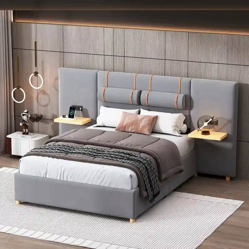 Full Size Velvet Upholstered Platform Bed,Two Outlets and USB Charging Ports on Both Sides,Two Bedside Pillows,Storage Shelves