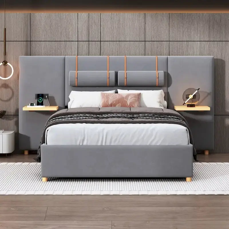 Full Size Velvet Upholstered Platform Bed,Two Outlets and USB Charging Ports on Both Sides,Two Bedside Pillows,Storage Shelves