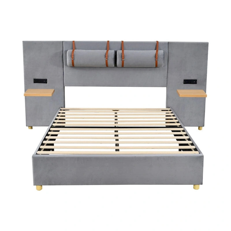 Full Size Velvet Upholstered Platform Bed,Two Outlets and USB Charging Ports on Both Sides,Two Bedside Pillows,Storage Shelves