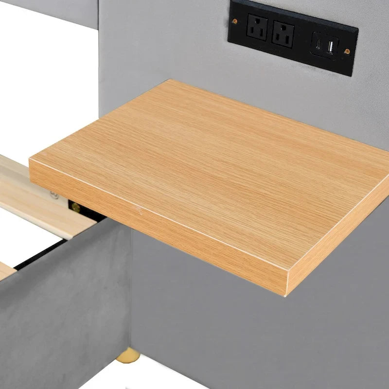 Full Size Velvet Upholstered Platform Bed,Two Outlets and USB Charging Ports on Both Sides,Two Bedside Pillows,Storage Shelves