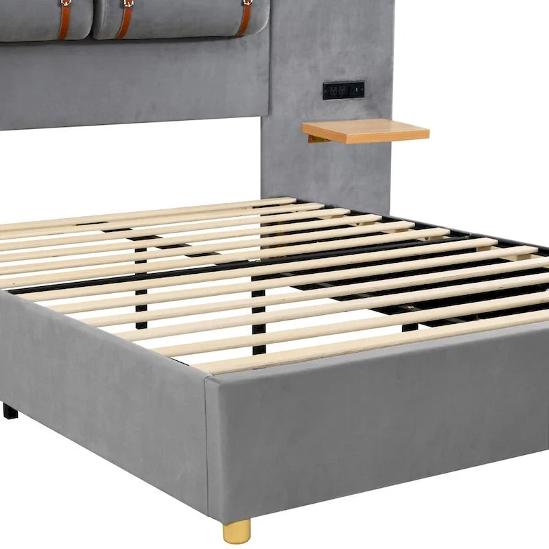Full Size Velvet Upholstered Platform Bed,Two Outlets and USB Charging Ports on Both Sides,Two Bedside Pillows,Storage Shelves
