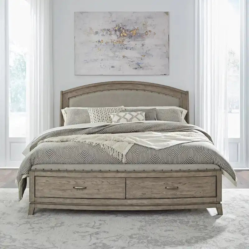 Avalon Burnished Beige Oak Upholstered Storage Bed with Dresser, Mirror, Chest Bedroom Set - King, Queen