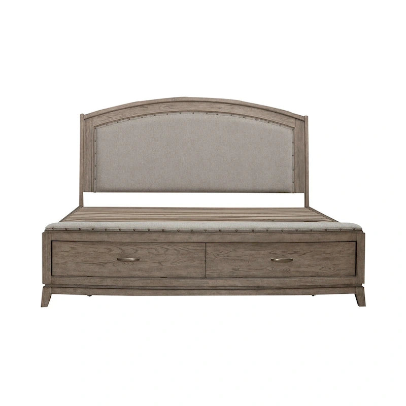 Avalon Burnished Beige Oak Upholstered Storage Bed with Dresser, Mirror, Chest Bedroom Set - King, Queen