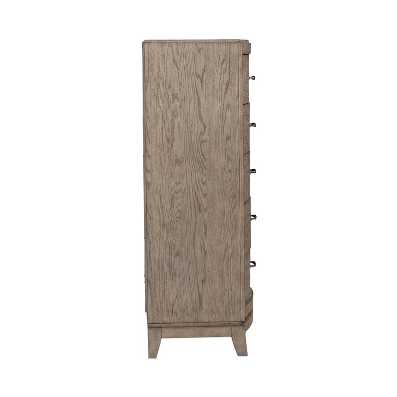 Avalon Burnished Beige Oak Upholstered Storage Bed with Dresser, Mirror, Chest Bedroom Set - King, Queen