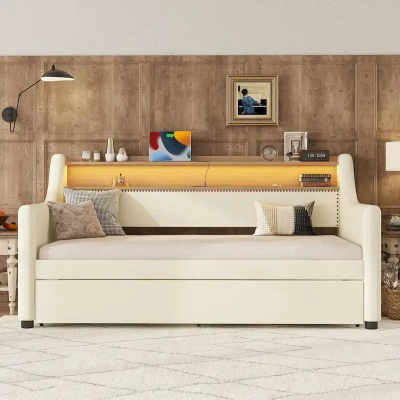 PU Leather Twin Size Daybed with Trundle