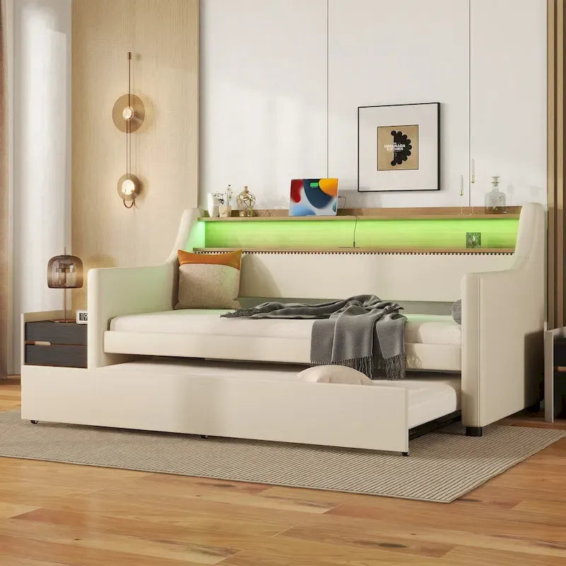 PU Leather Twin Size Daybed with Trundle
