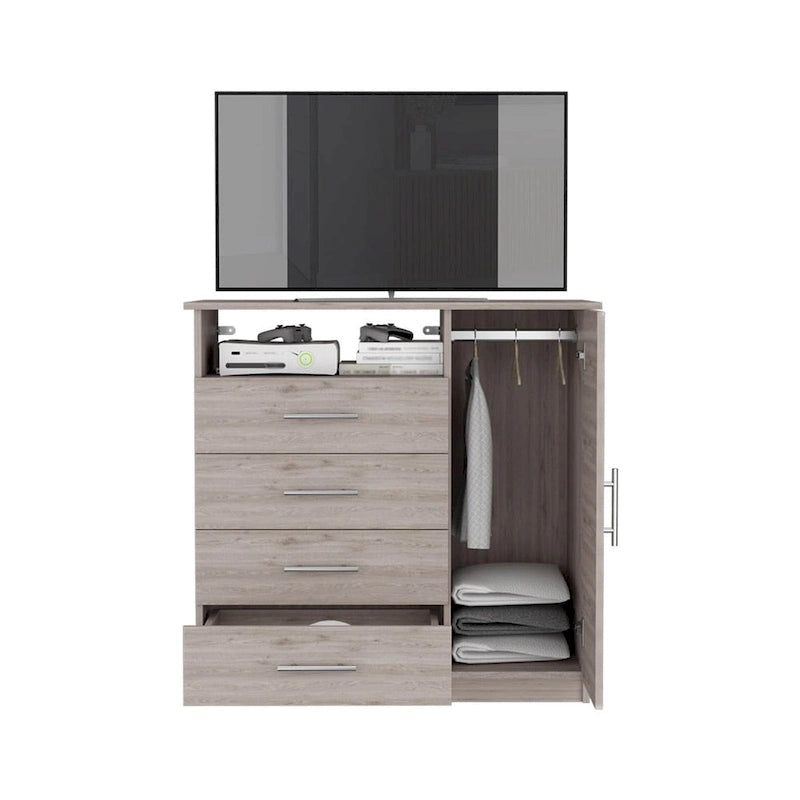 4 Drawer Dresser, Single Door Cabinet, One Open Shelf, Superior Top