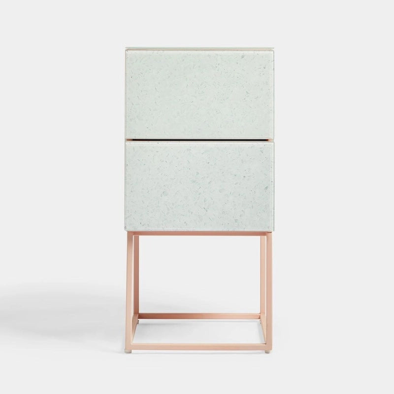 Tempered Glass Marble Stone Double Drawer Nightstand Bedside Table for Bedroom, Living Room