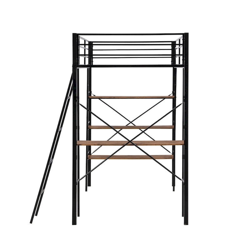 Twin Size Metal Loft Bed with Shelves and Desk