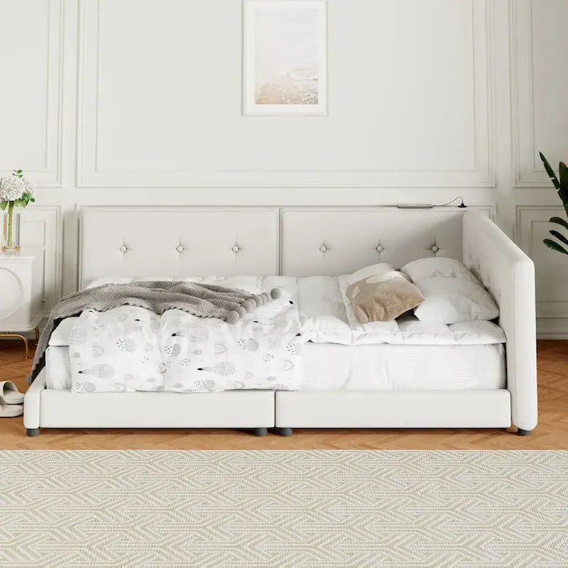 Upholstered Queen Size platform bed with USB Ports, No Box Spring Required, Easy to Assemble