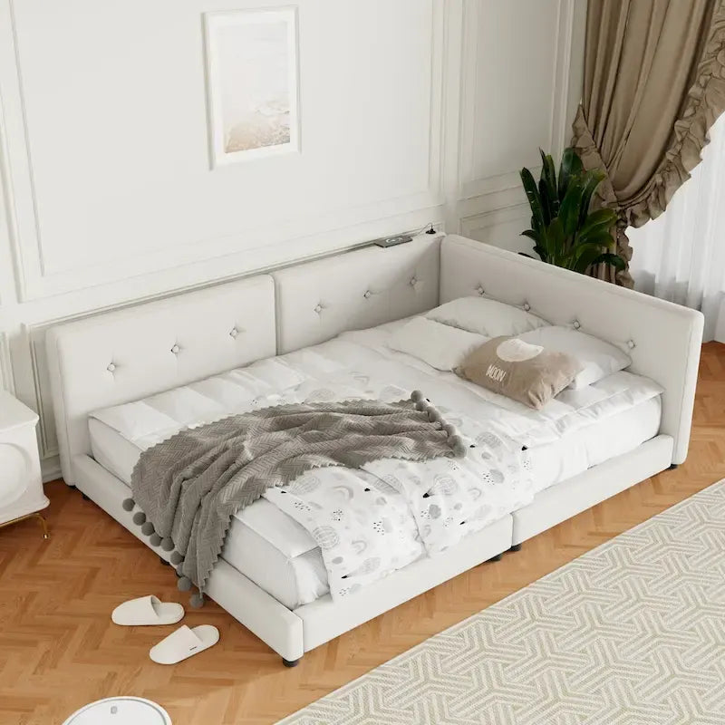 Upholstered Queen Size platform bed with USB Ports, No Box Spring Required, Easy to Assemble