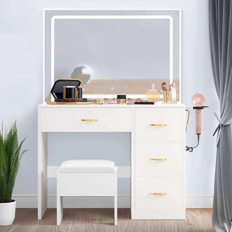 Moasis Vanity Set with Led Lights Makeup Desk Dressing Dresser Desk Table with 4 Drawer - 35.43 L x 15.74 W x 53.54 H