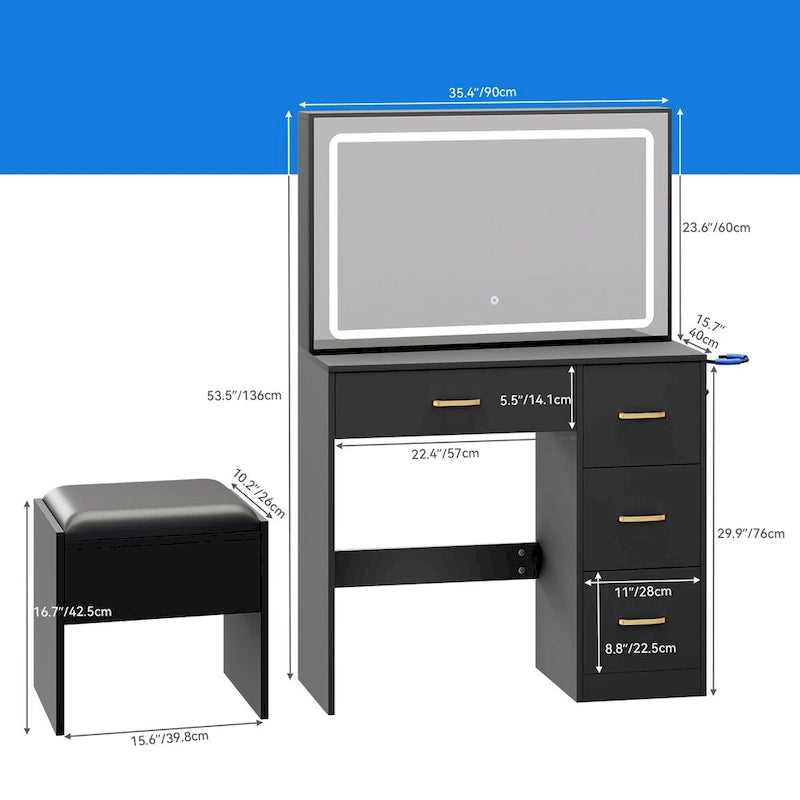Moasis Vanity Set with Led Lights Makeup Desk Dressing Dresser Desk Table with 4 Drawer - 35.43 L x 15.74 W x 53.54 H