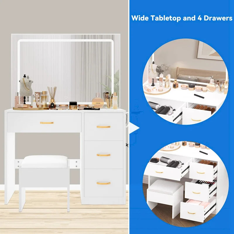Moasis Vanity Set with Led Lights Makeup Desk Dressing Dresser Desk Table with 4 Drawer - 35.43 L x 15.74 W x 53.54 H