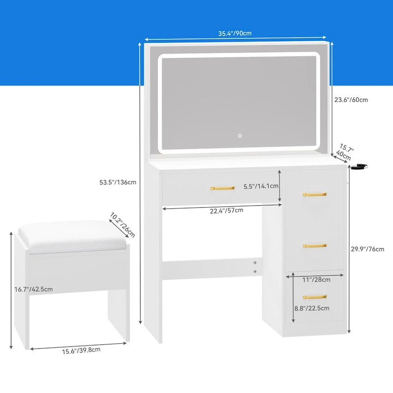 Moasis Vanity Set with Led Lights Makeup Desk Dressing Dresser Desk Table with 4 Drawer - 35.43 L x 15.74 W x 53.54 H