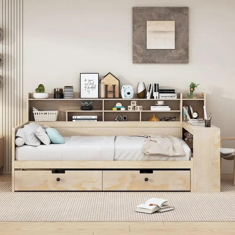 Wooden Multi-functional Daybed with Storage Shelves, 2 Storage Drawers and Study Desk